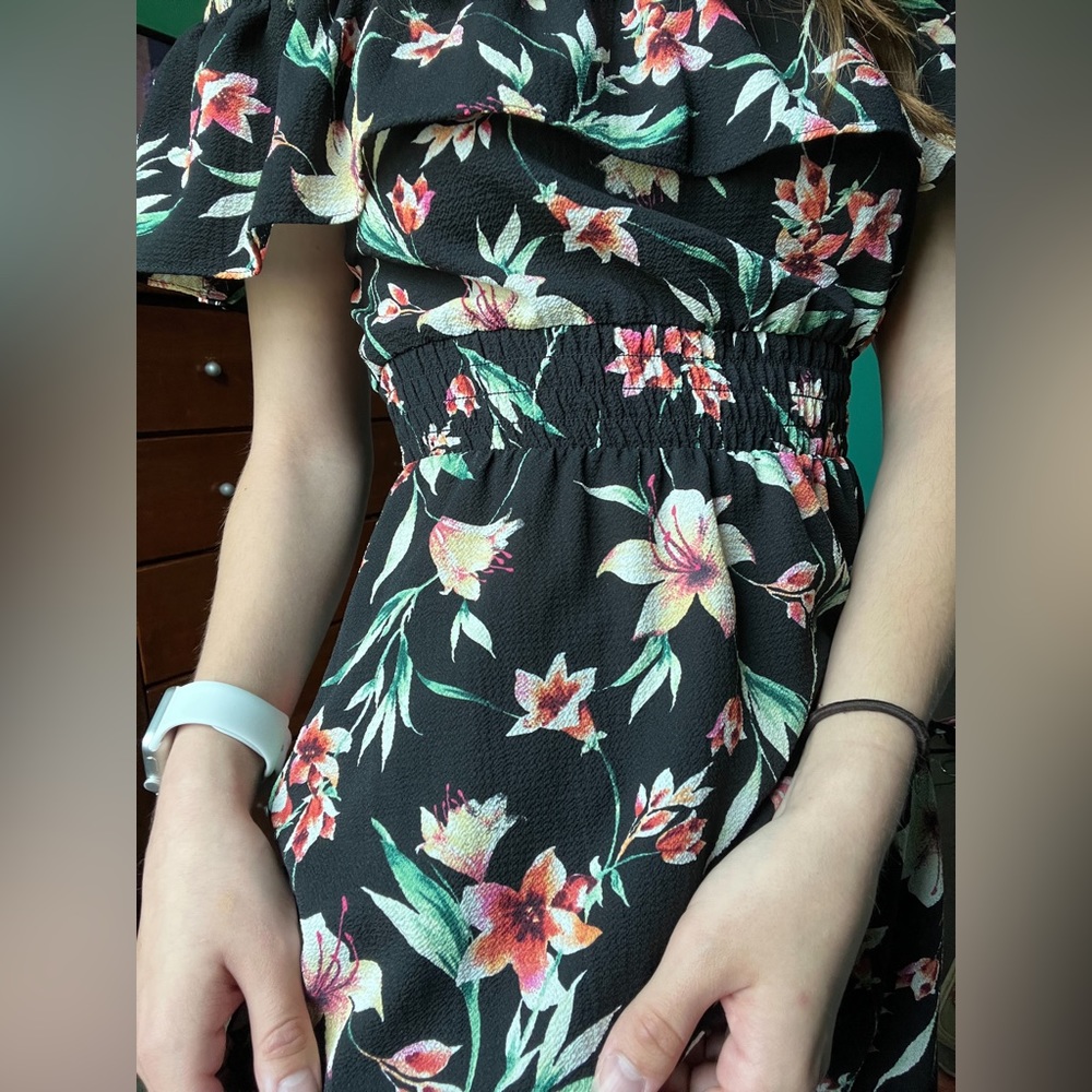 Floral, beachy, off the shoulder dress